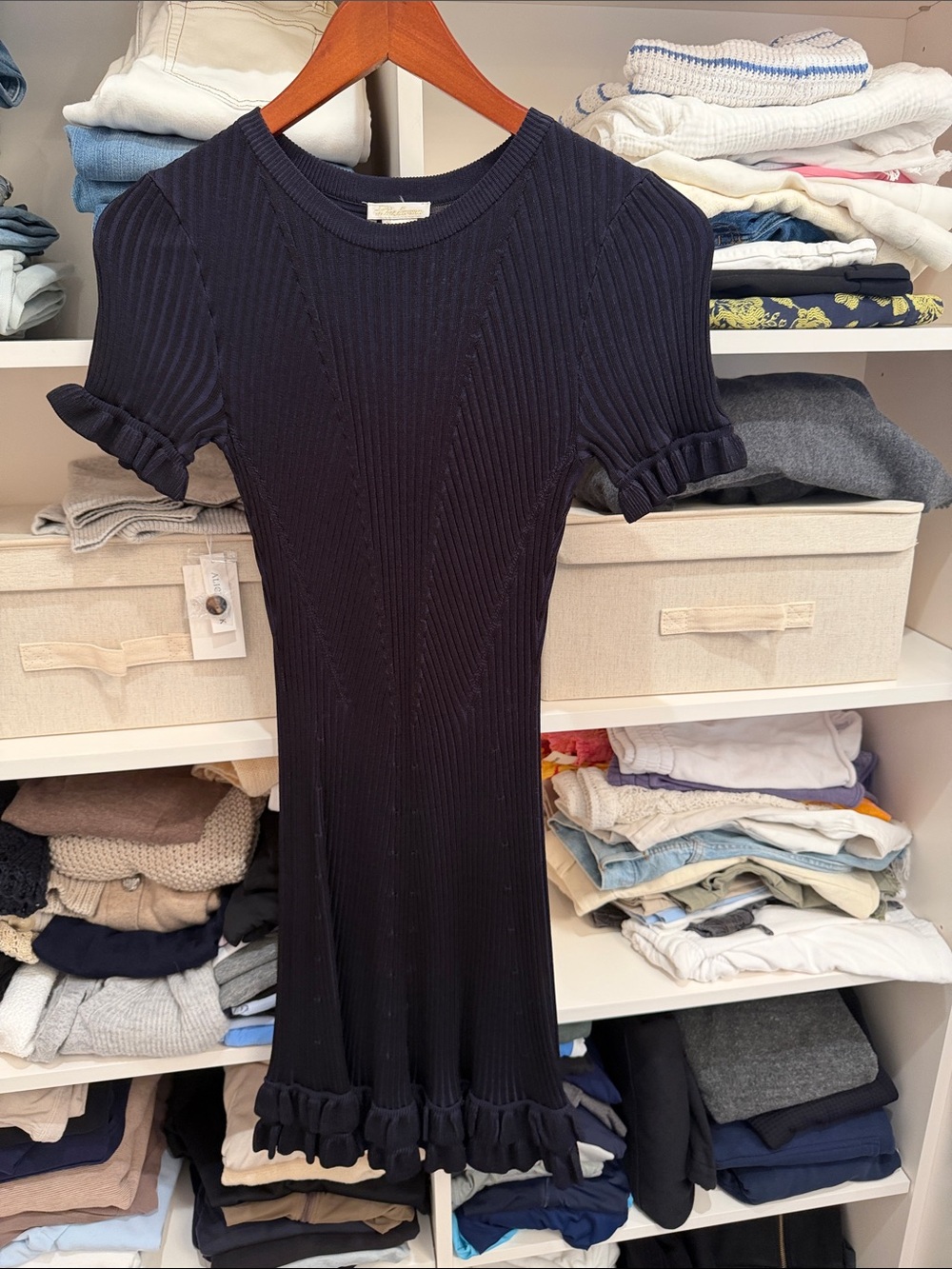 Shoshanna Ribbed Knit Short-Sleeve Dress with Ruffle Hem